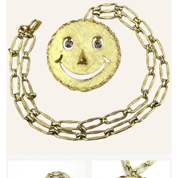 Vintage Gold-Plated Smiley Face Pendant Necklace- 24”- 60s/70s - Picture 7 of 8